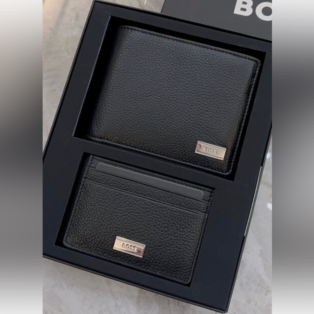 Genuine HUGO BOSS Black LEATHER WALLET & CARDHOLDER in BOX